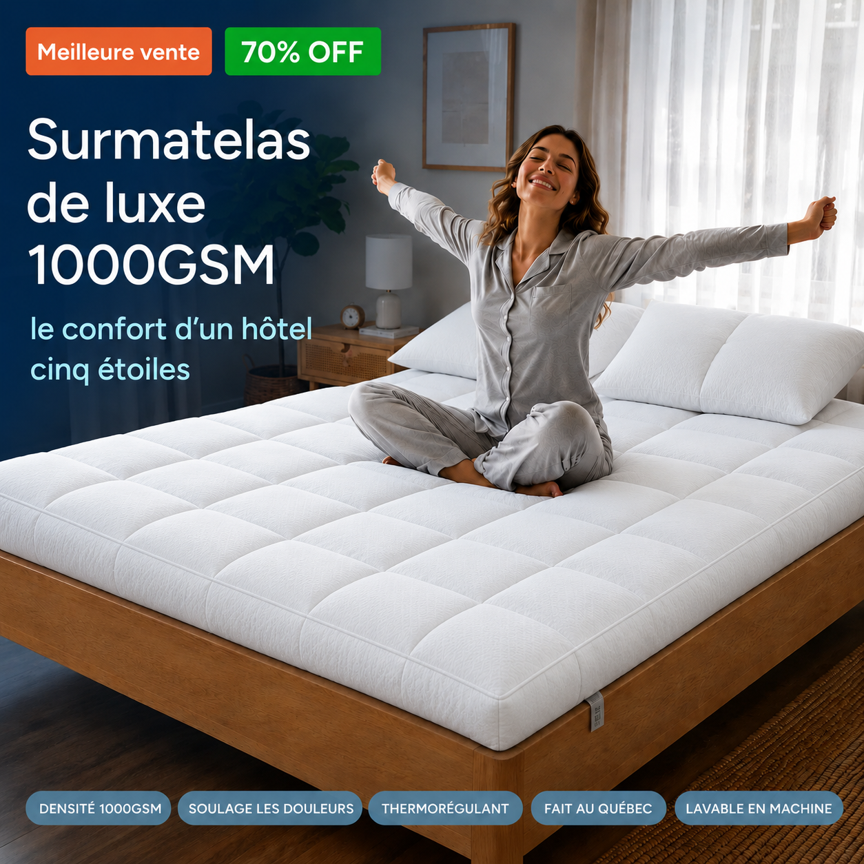 Linen&Rose - Surmatelas 1000 GSM de luxe matelassé haut de gamme